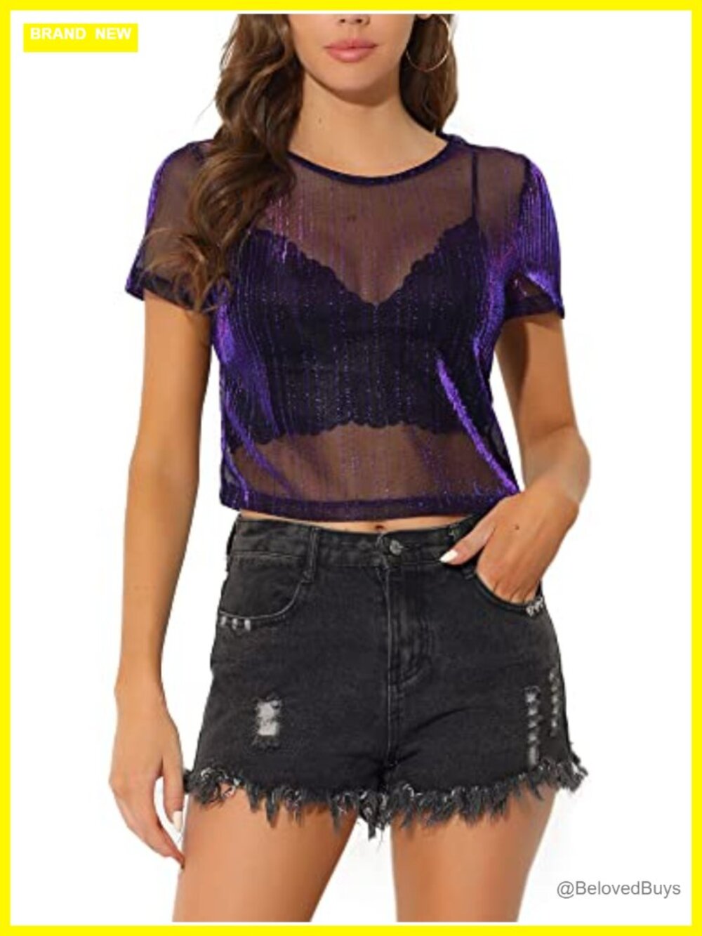 Sheer Mesh Crop Top Short Sleeve Metallic Party Shirt